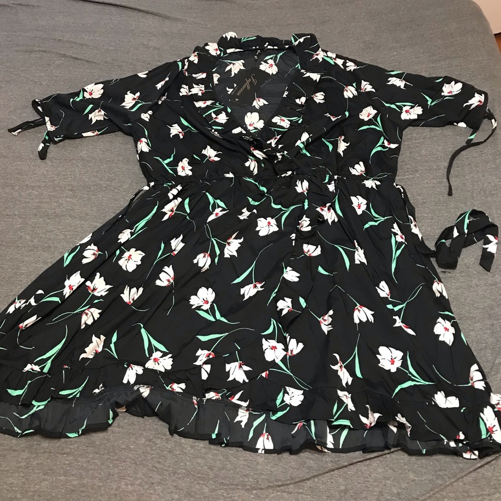 ASOS curve floral wrap dress w ruffle & tie sleeve